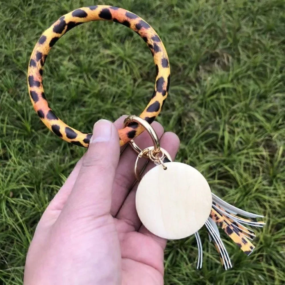 Ladies Tiger Leather Tassel Unisex Bangle Wrist Key Ring Keychain Ring